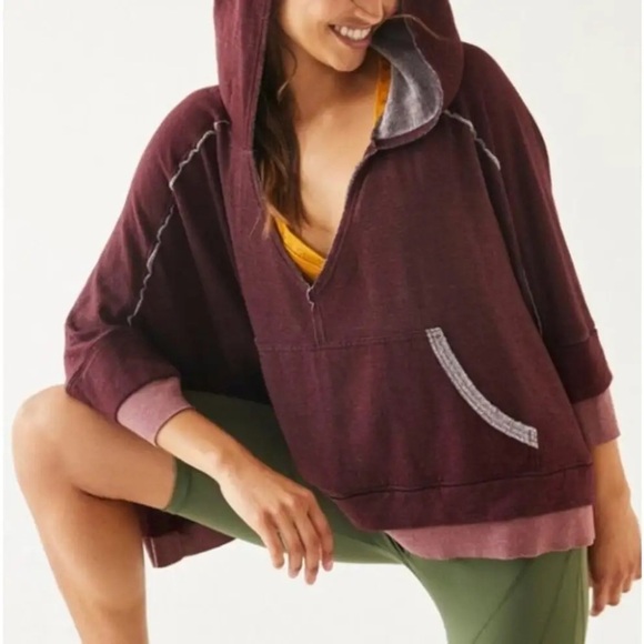 free people Tops - Free People Bonfire Hoodie Fig Jam  Burgundy Oversized Cropped Size XS
